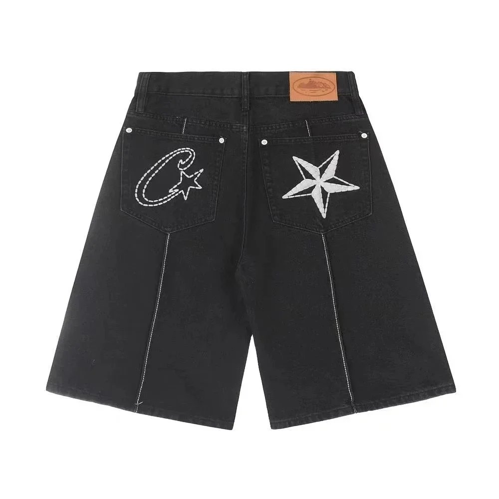 Black Denim Shorts with Star and C Logo Embroidery