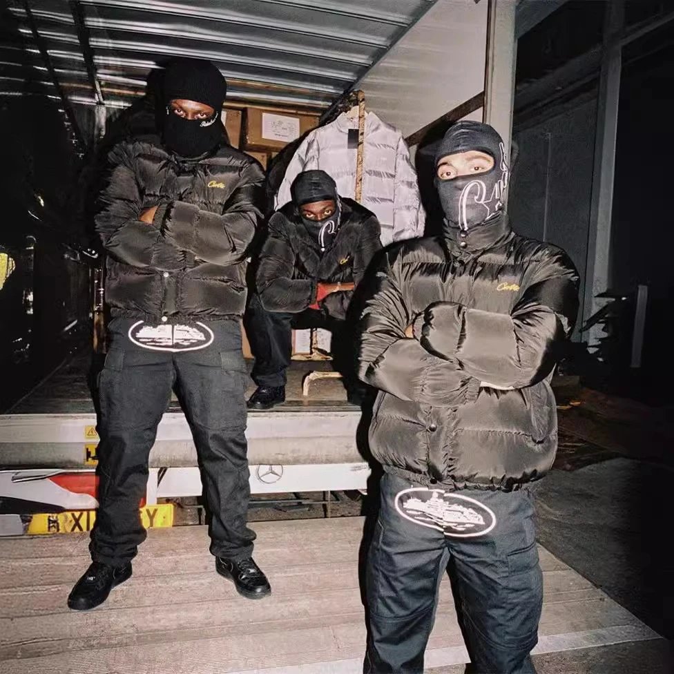 Corte Black Puffer Jacket with Logo Patch and Matching Hoodie Set