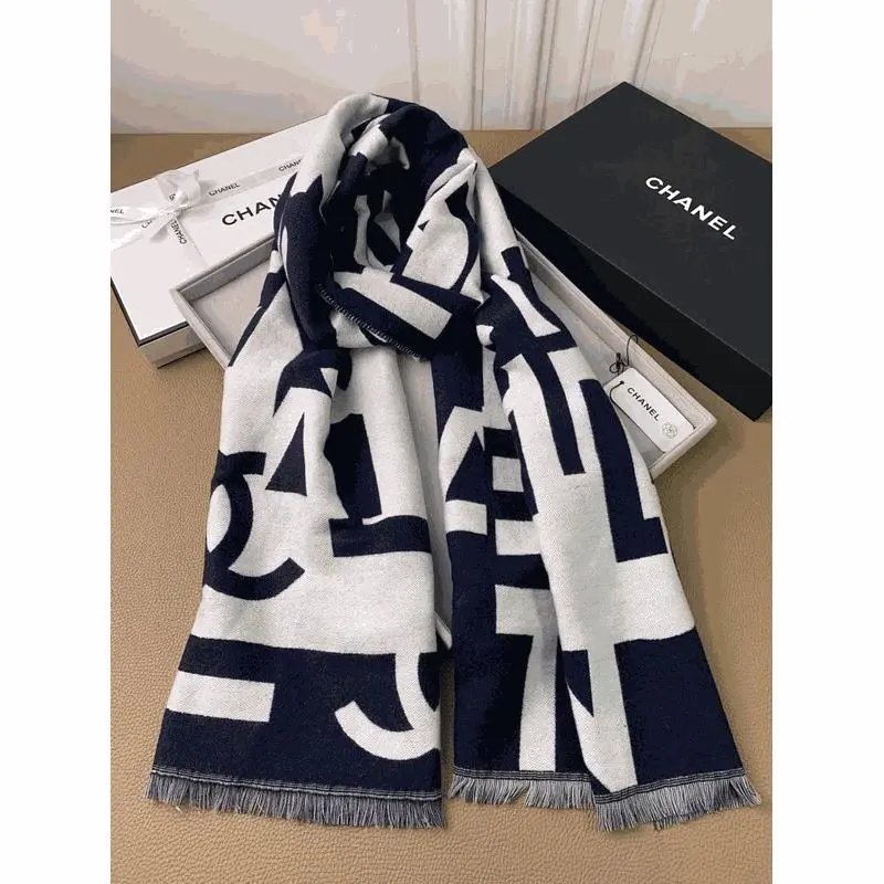 CHANEL Classic Logo Cashmere Scarf Navy White