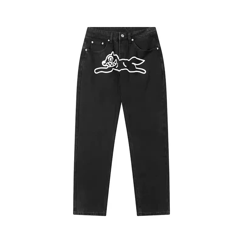 Black Denim Pants with White Dog Graphic Design