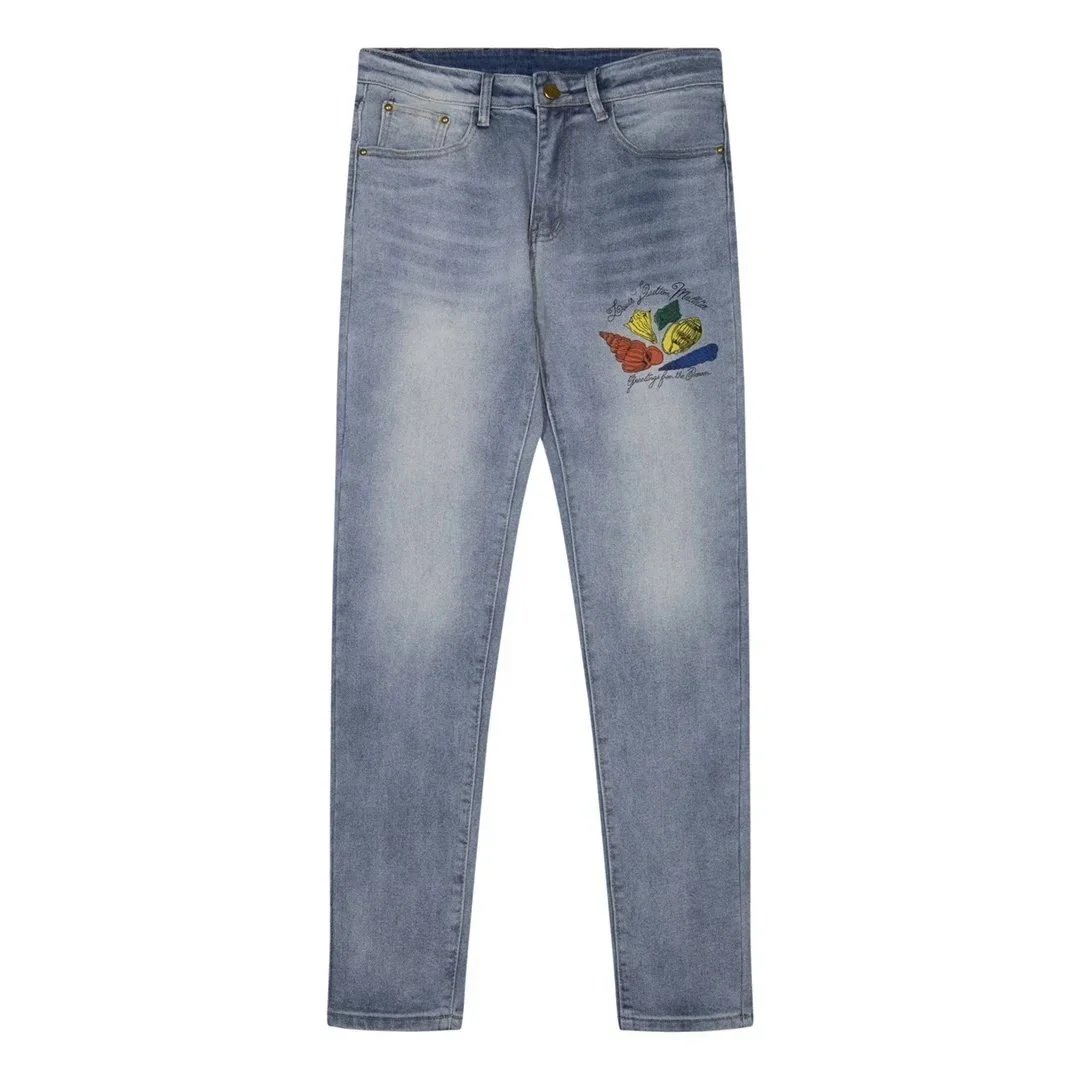 Light Wash Denim Jeans with Embroidered Shell Design