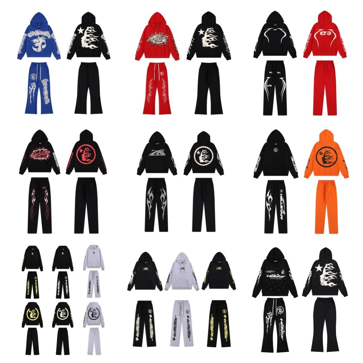Hellstar Flame Design Hoodie and Pants Set for Men Women