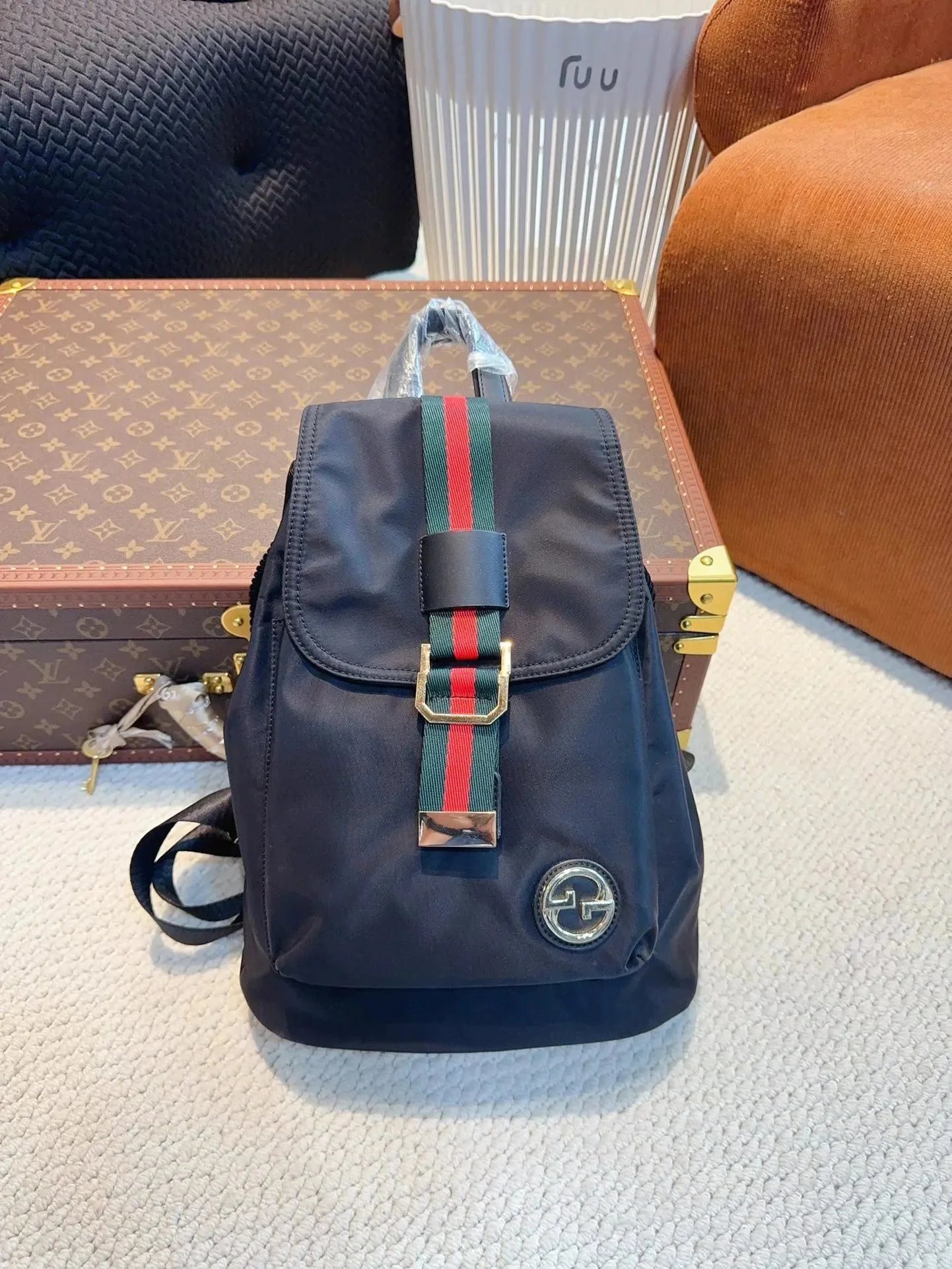 Gucci Black Nylon Backpack with Web Stripe and GG Logo