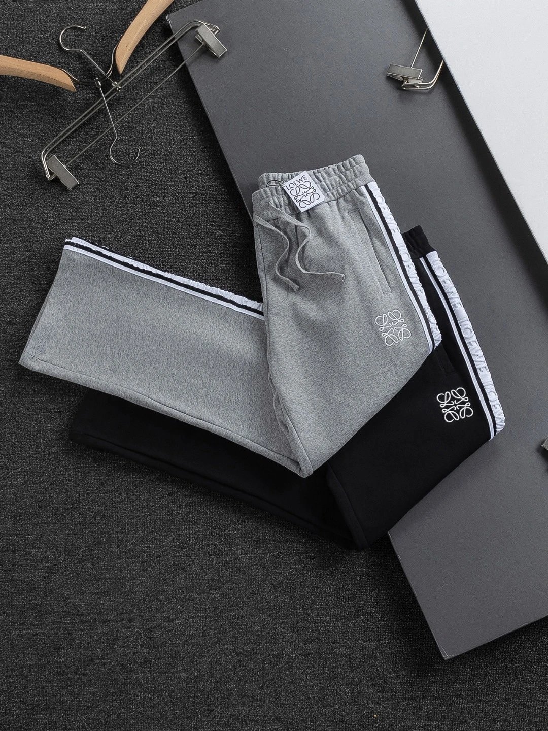LACOSTE Gray and Black Track Pants with White Logo Embroidery