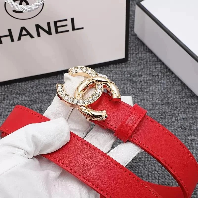 Chanel Red Leather Belt with Crystal CC Buckle