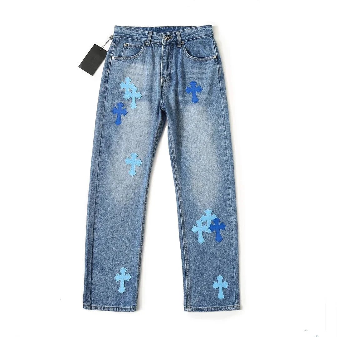 Blue Cross Patch Denim Jeans for Men Women Fashion Streetwear