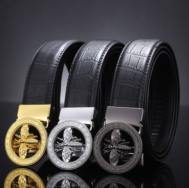 Men's Crocodile Pattern Leather Belt with Bee Buckle - Gold, Silver, Gunmetal