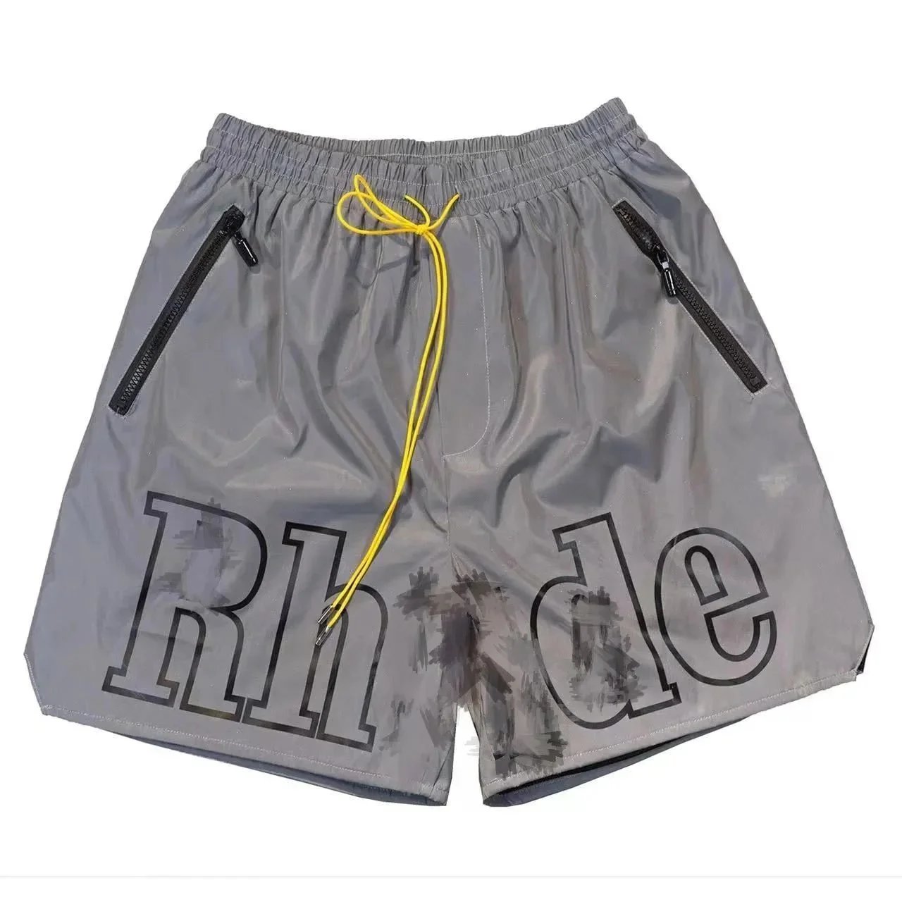 Rhude Gray Logo Print Drawstring Shorts with Zip Pockets