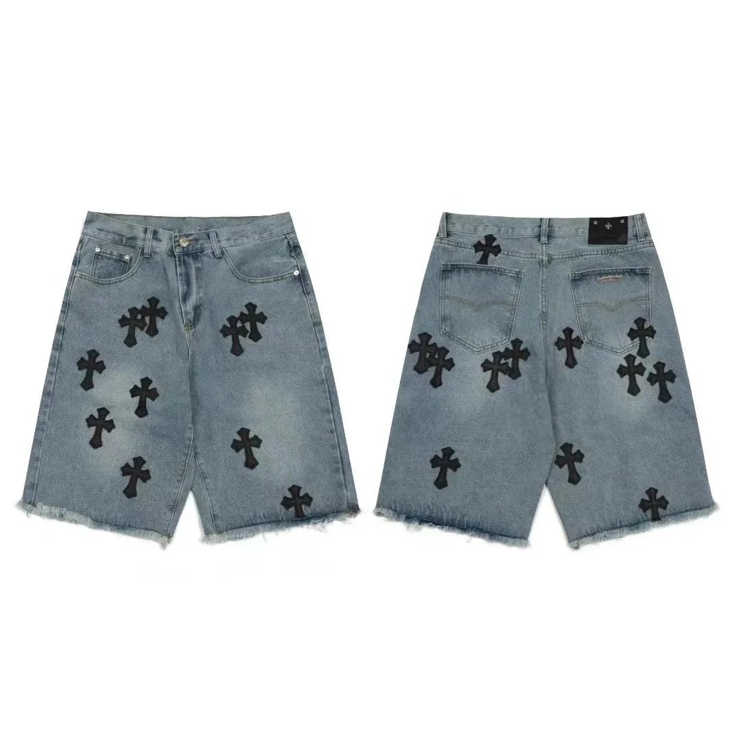 Denim Shorts with Black Cross Patches for Men Women