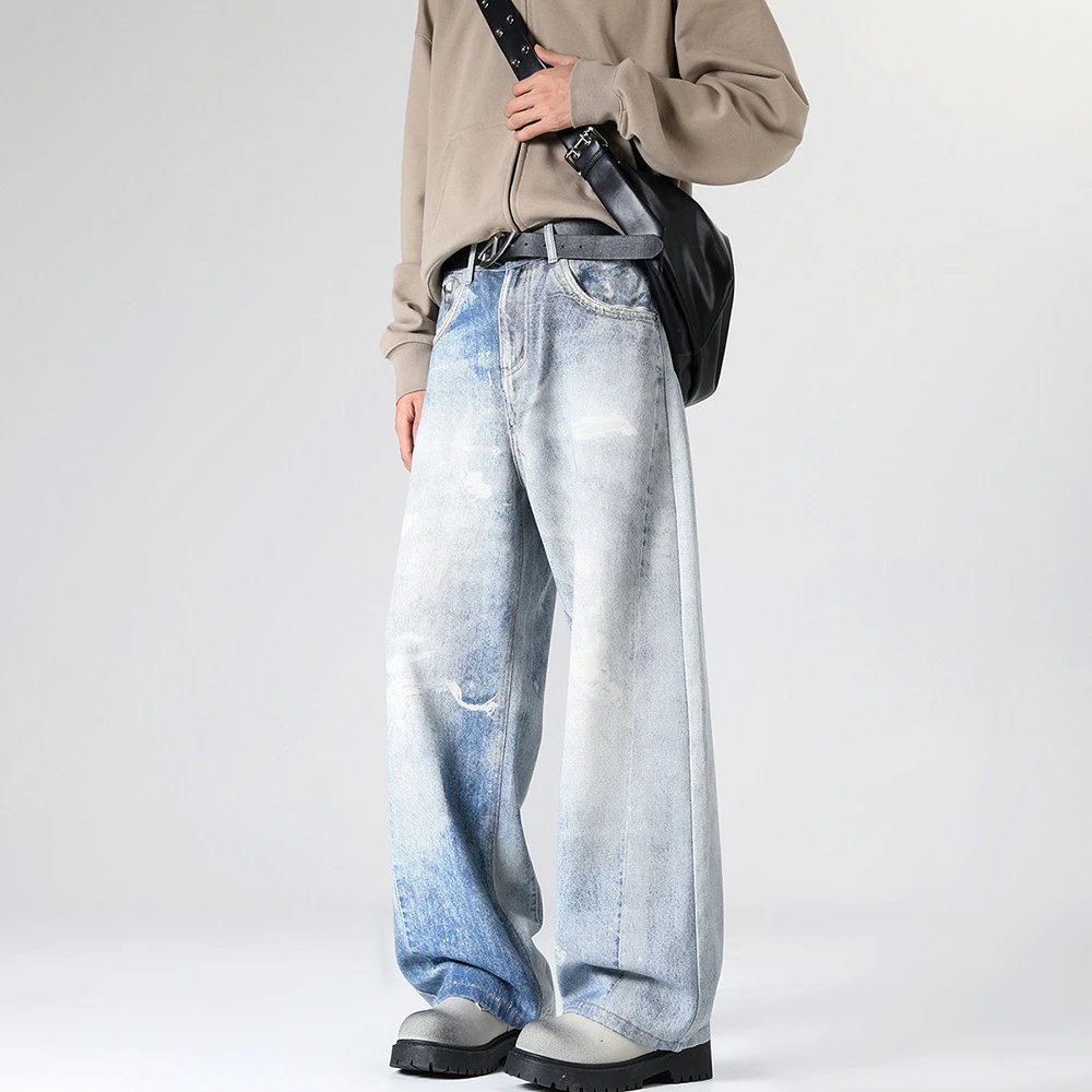 Men's Wide Leg Distressed Denim Jeans
