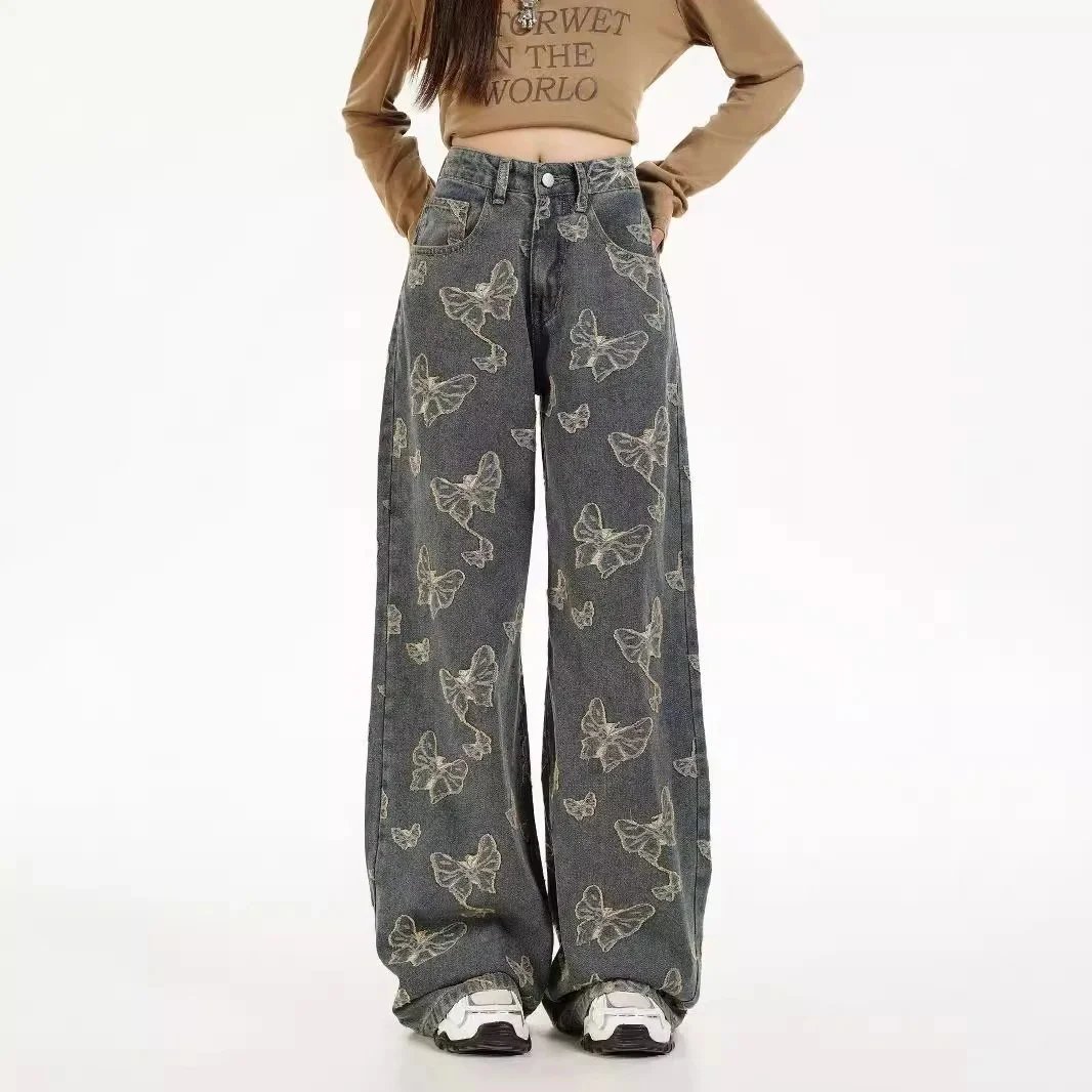Butterfly Print Wide Leg Denim Pants for Women High Waist Fashion Jeans