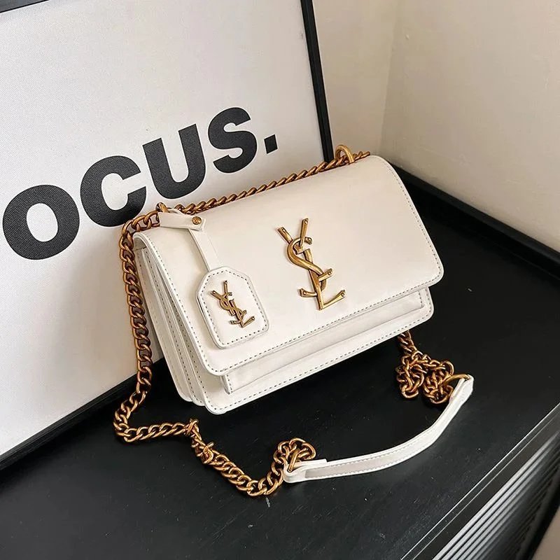 Saint Laurent White Leather Crossbody Bag with Gold Chain