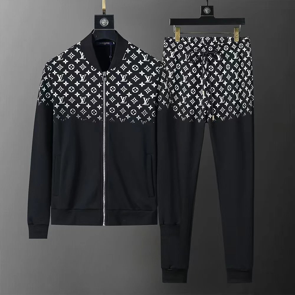 LV Monogram Print Men's Track Suit Set Black White