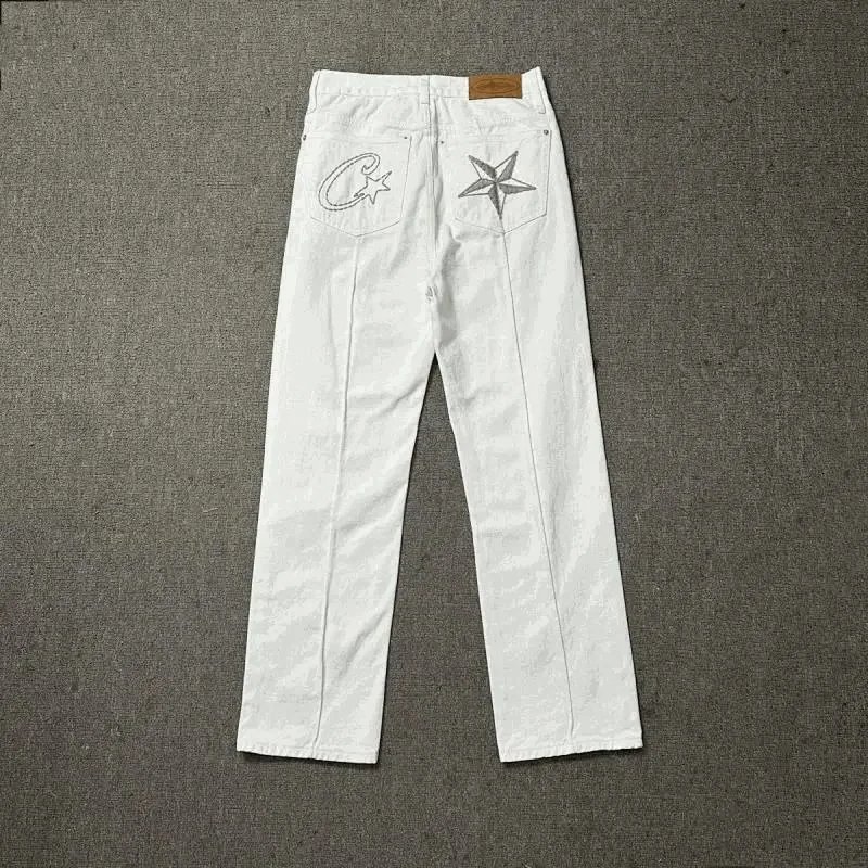 White Embroidered Denim Pants with Star Logo