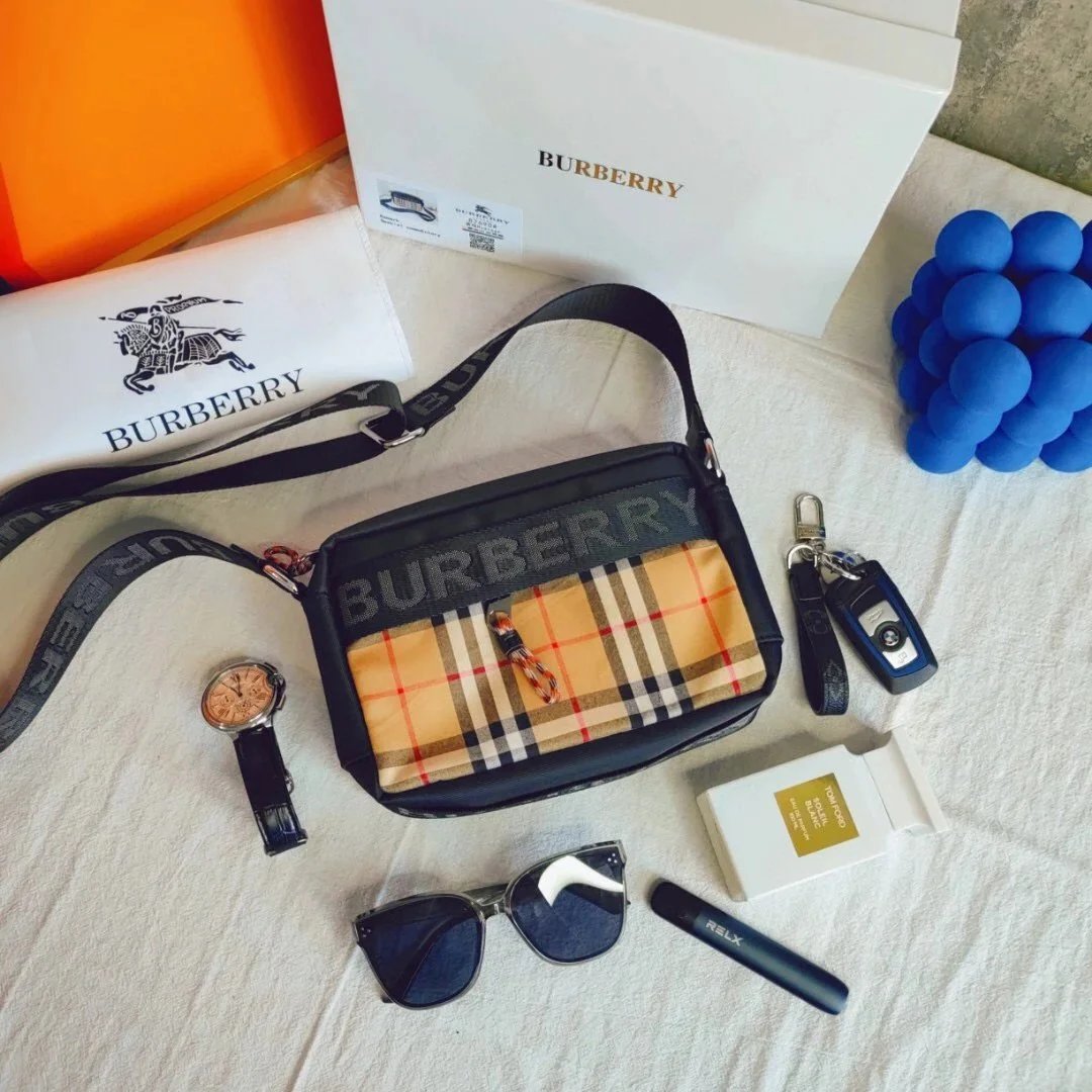Burberry Check Pattern Crossbody Bag with Logo Strap