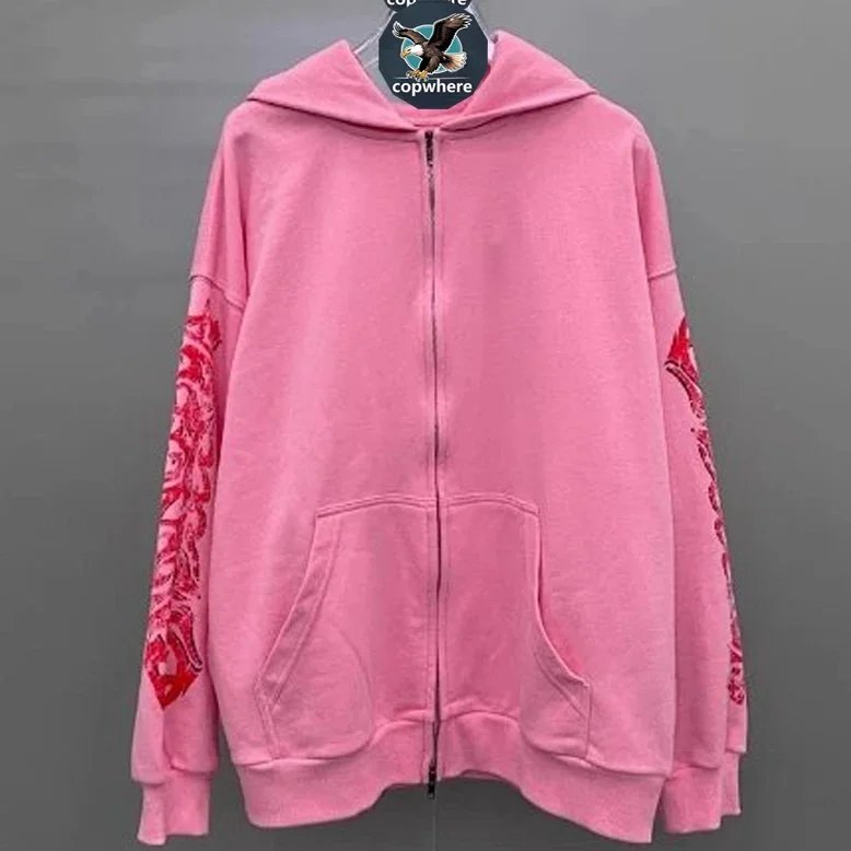 Pink Zip-Up Hoodie with Red Sleeve Patterns