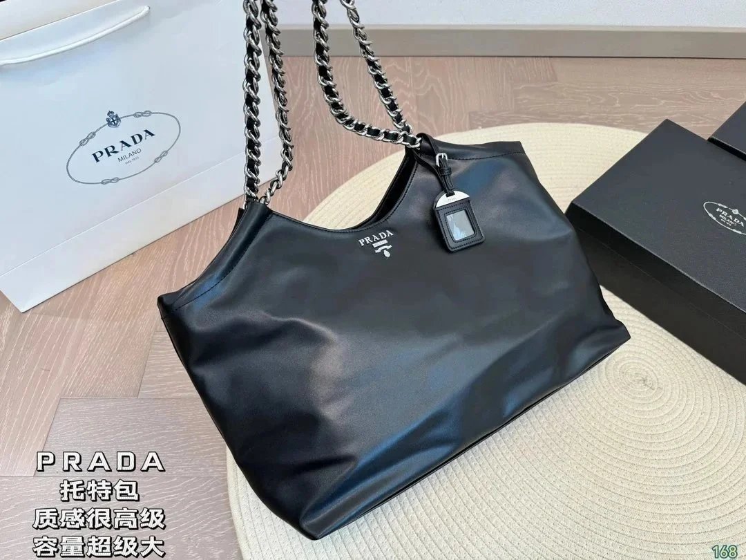 PRADA Black Leather Tote Bag with Chain Strap