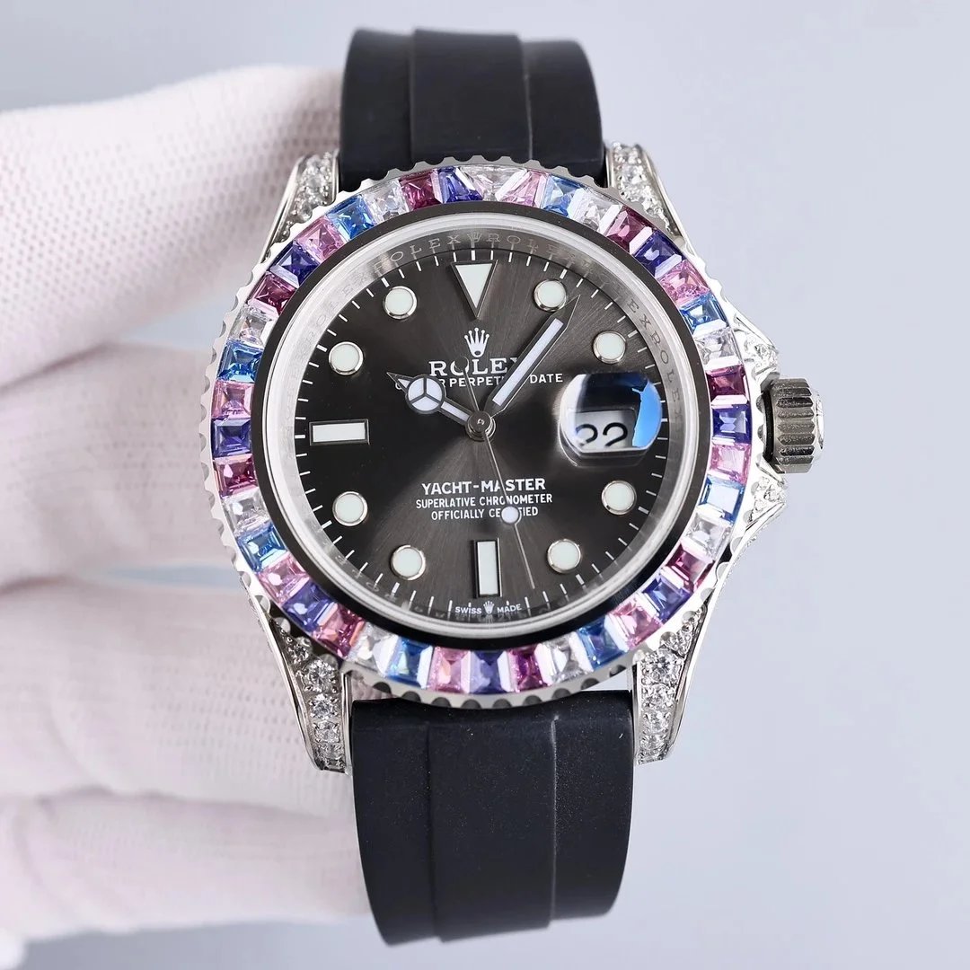 Rolex Yacht-Master Diamond Bezel Black Dial Watch with Colorful Gemstones