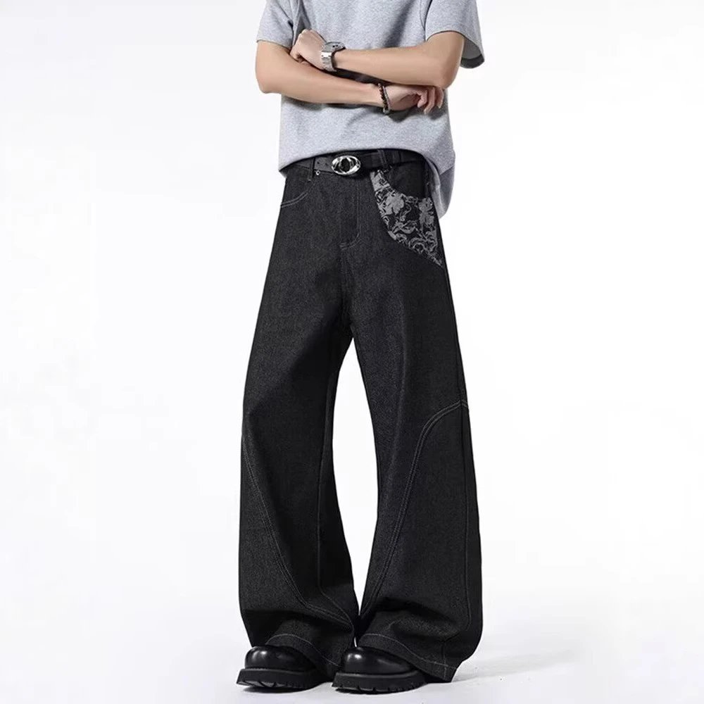Men's Wide Leg Black Denim Pants with Floral Patch Design