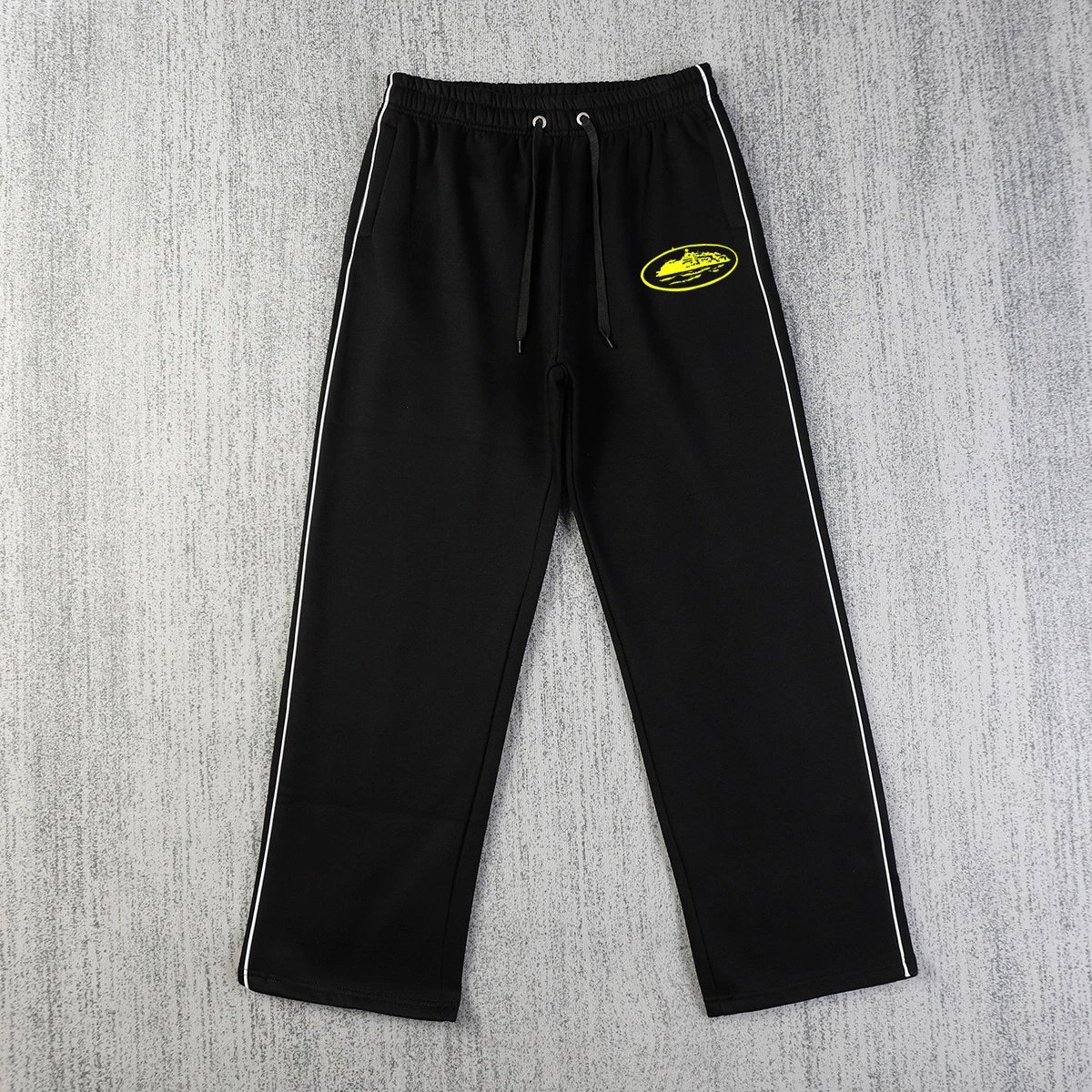 Black Track Pants with Yellow Logo and White Side Stripes