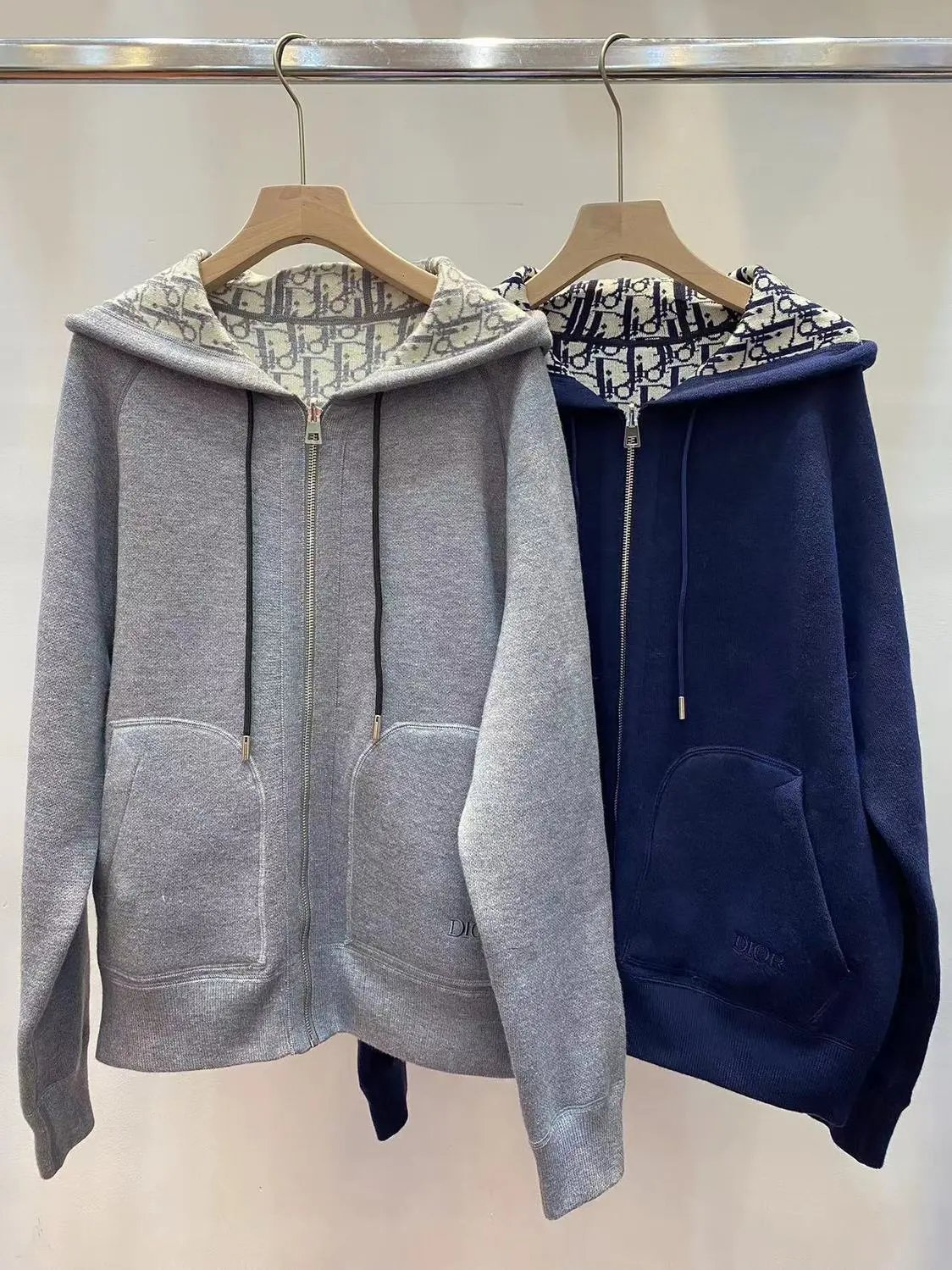 Dior Hoodie Zip-Up Sweatshirt Gray and Navy Blue