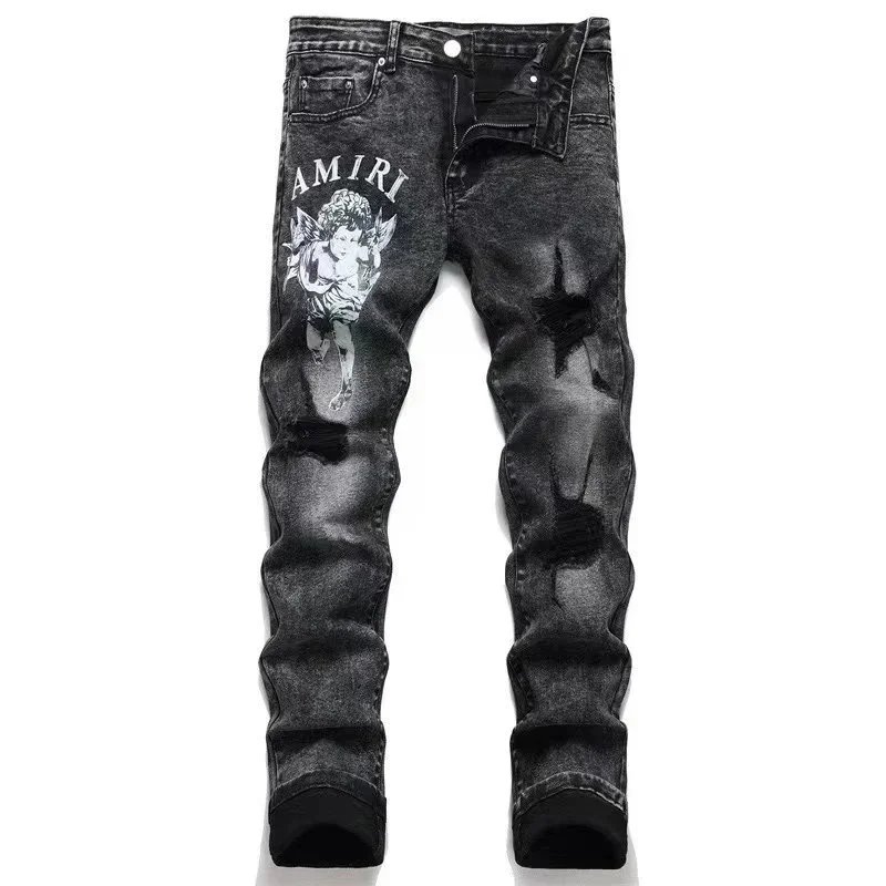 AMIRI Black Distressed Denim Jeans with Angel Print