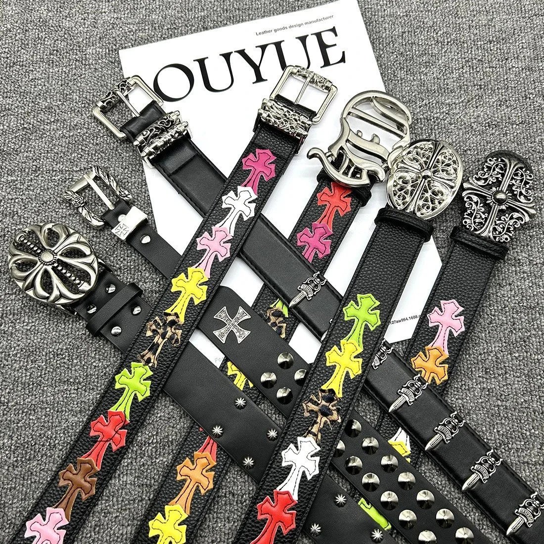 Gothic Cross Leather Belt with Metal Buckle for Men and Women