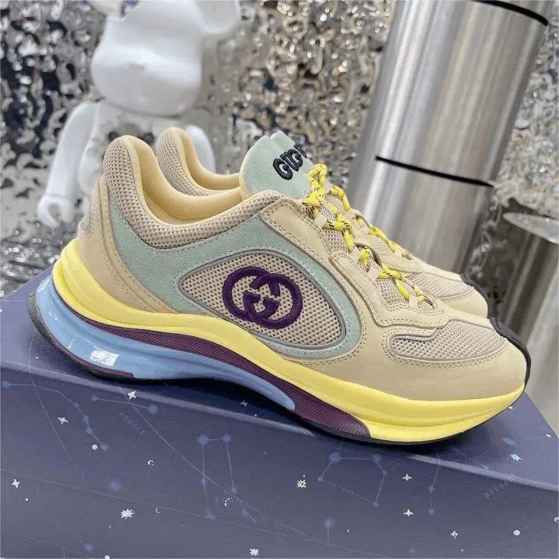 Gucci Rhyton Sneakers Beige Yellow Purple Mesh Fashion Sneakers