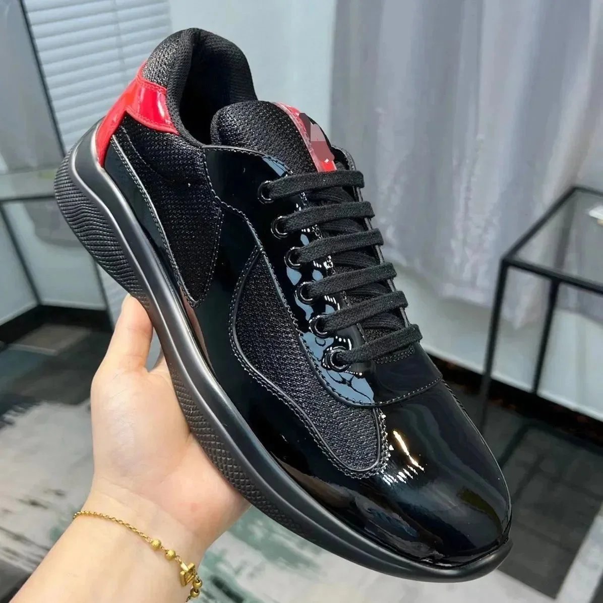 Black Patent Leather Sneakers with Red Accents for Men and Women