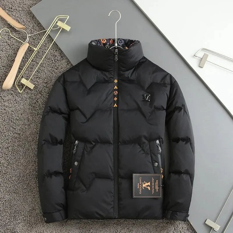 Men's Black Winter Puffer Jacket with High Collar and Zipper Design