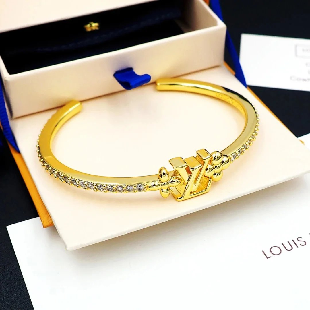 Luxury Gold Plated LV Logo Bracelet with Crystal Accents