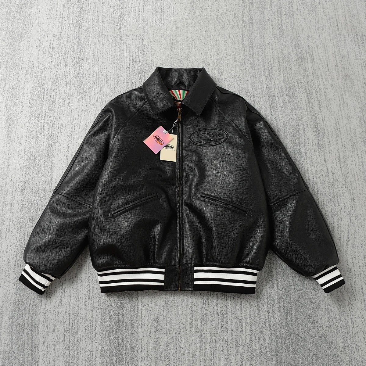 Stussy Black Leather Bomber Jacket with Striped Trim