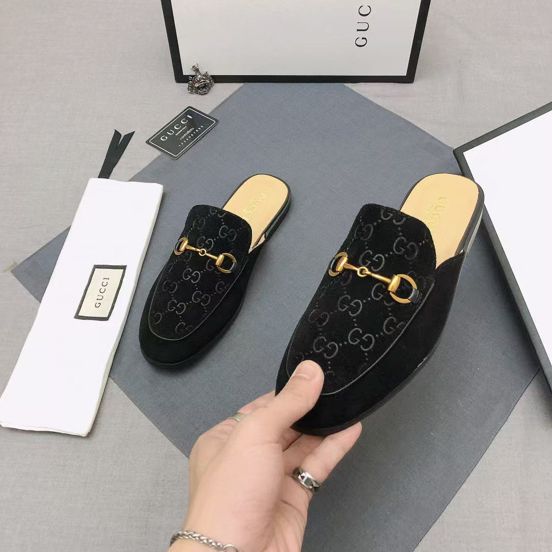 Gucci Black GG Monogram Velvet Mules with Gold Horsebit