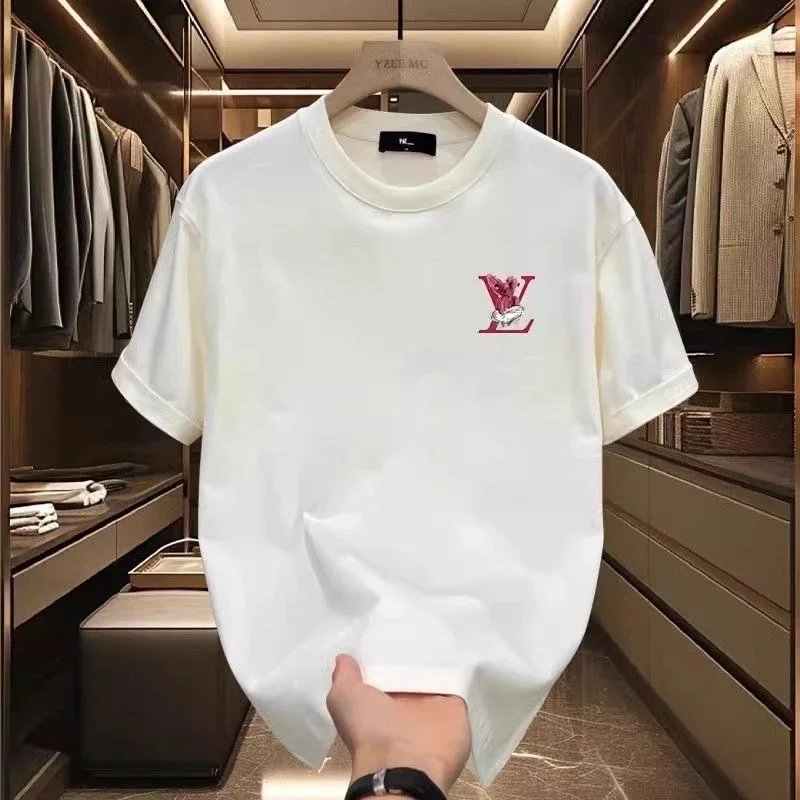 White Cotton T-Shirt with Red LV Logo Design for Men