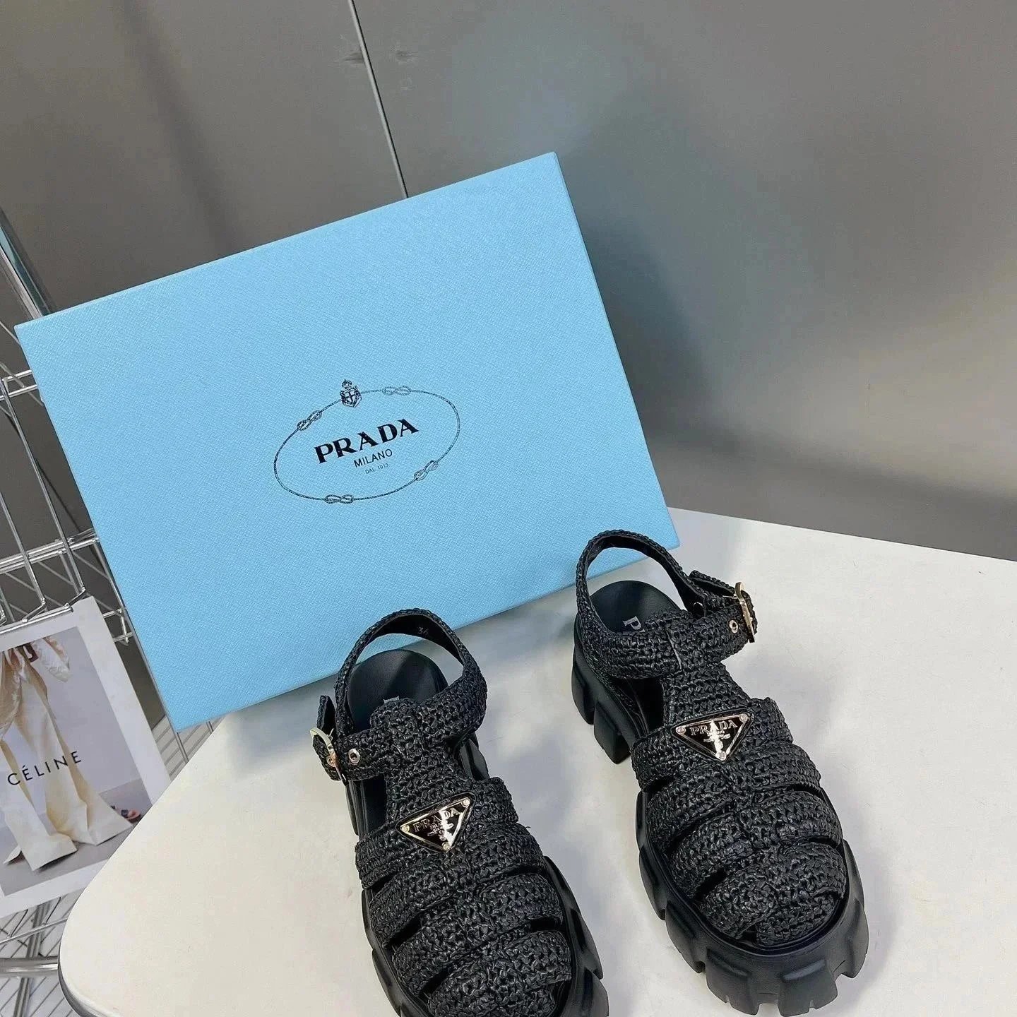 Prada Black Woven Platform Sandals with Logo Detail