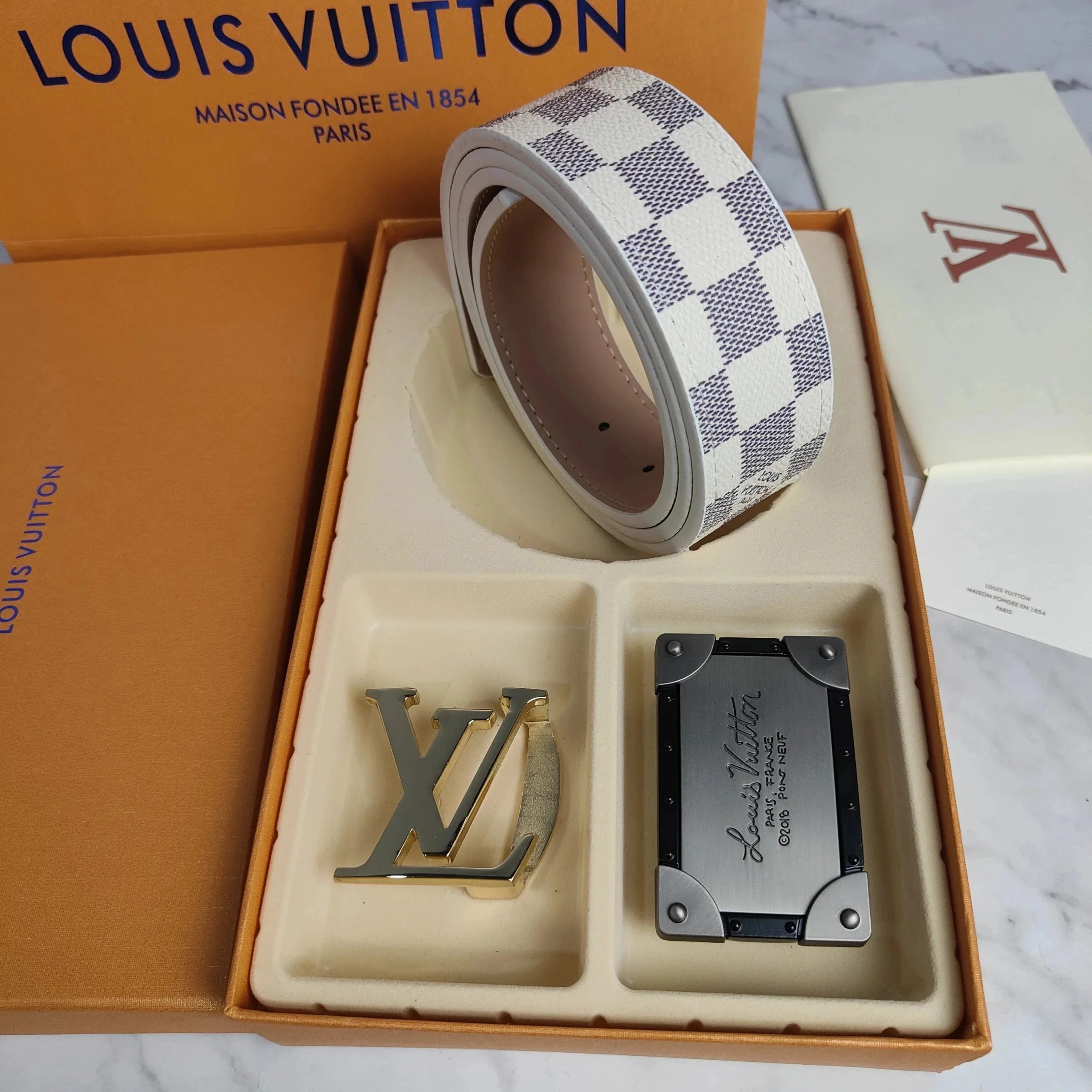 Louis Vuitton Damier Azur Belt with LV Buckle and Silver Plate