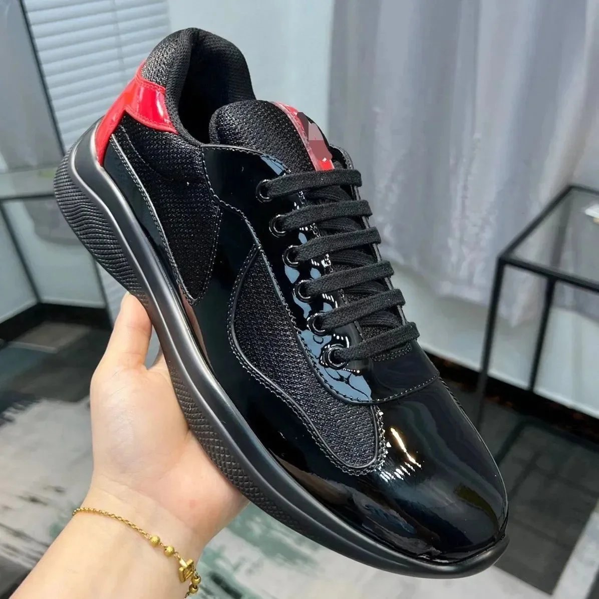 Black Patent Leather Sneakers with Red Accents for Women