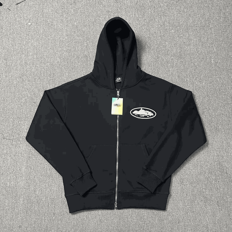 Black Zip-Up Hoodie with Car Logo Design