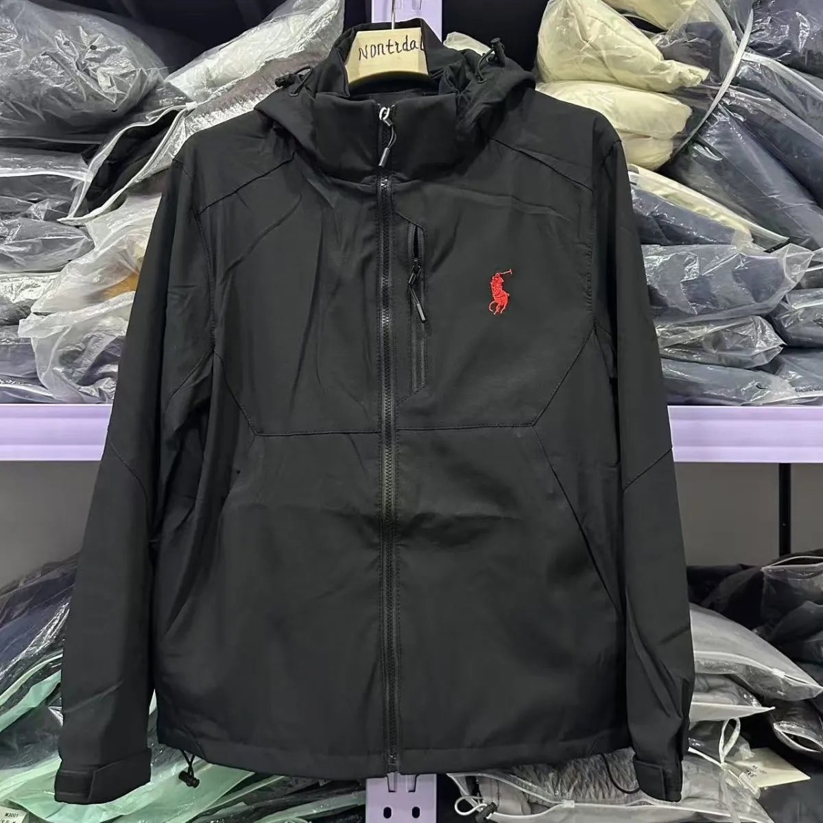 Men's Black Hooded Windbreaker Jacket with Red Pony Logo