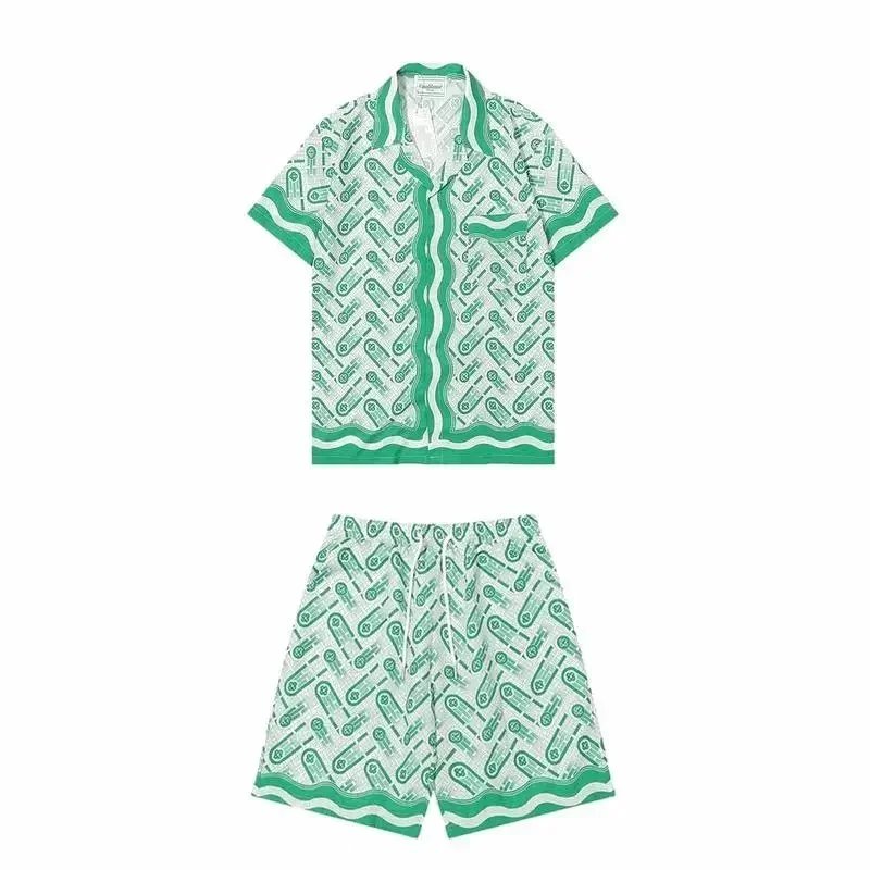 Green Patterned Men's Short Sleeve Shirt and Shorts Set