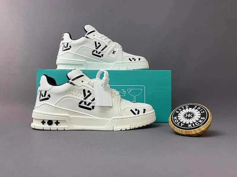 White LV Inspired Sneakers with Black Logo Design