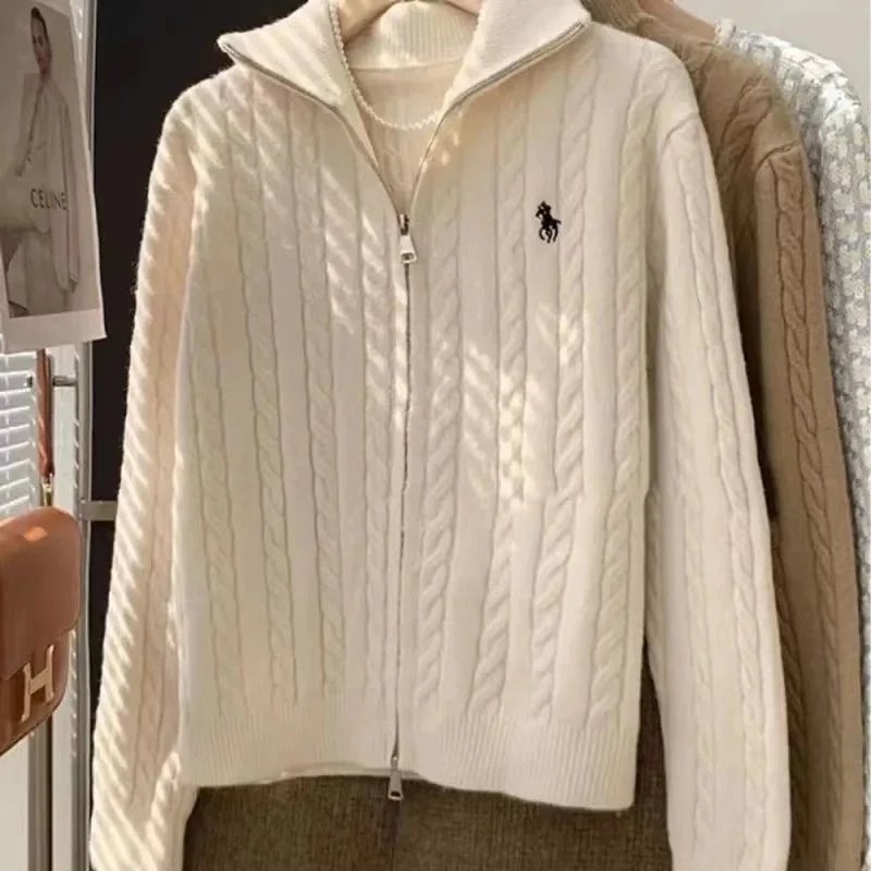 Cream Cable Knit Zip-Up Sweater with Pony Logo