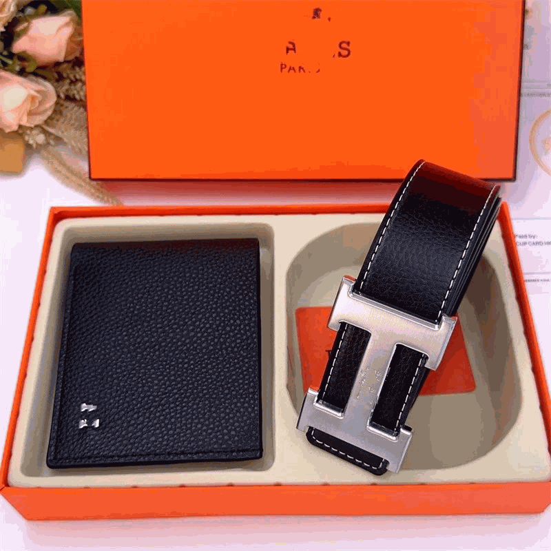 Hermès Black Leather Wallet and Belt Set with Silver H Buckle
