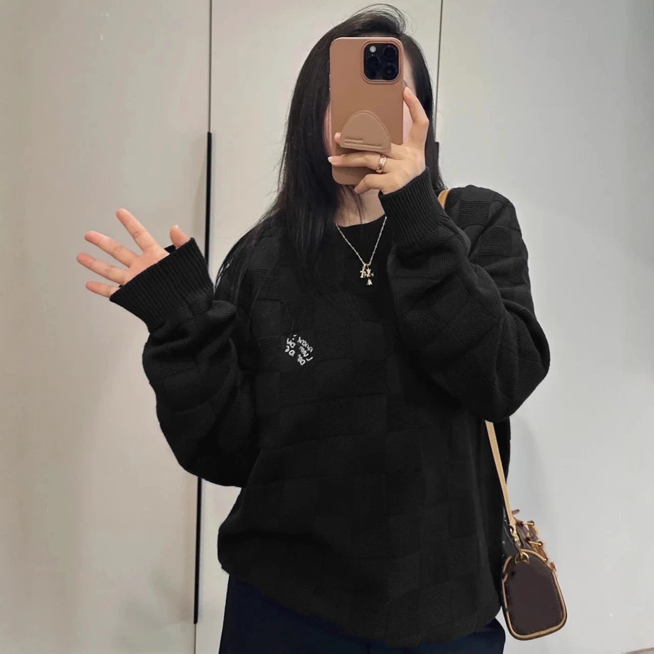 Black Knit Sweater with Embroidered Design for Women