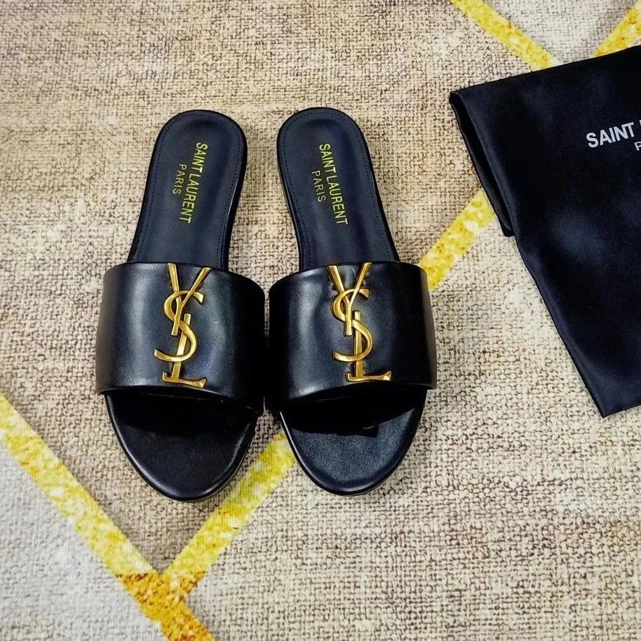 Saint Laurent Black Leather YSL Logo Slide Sandals