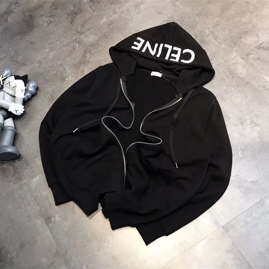 CELINE Black Hoodie Zip-Up Sweatshirt Men Women Fashion Streetwear
