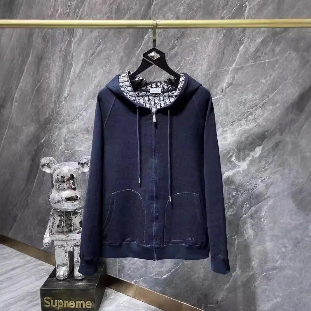Dior Navy Blue Hoodie with Oblique Print Lining