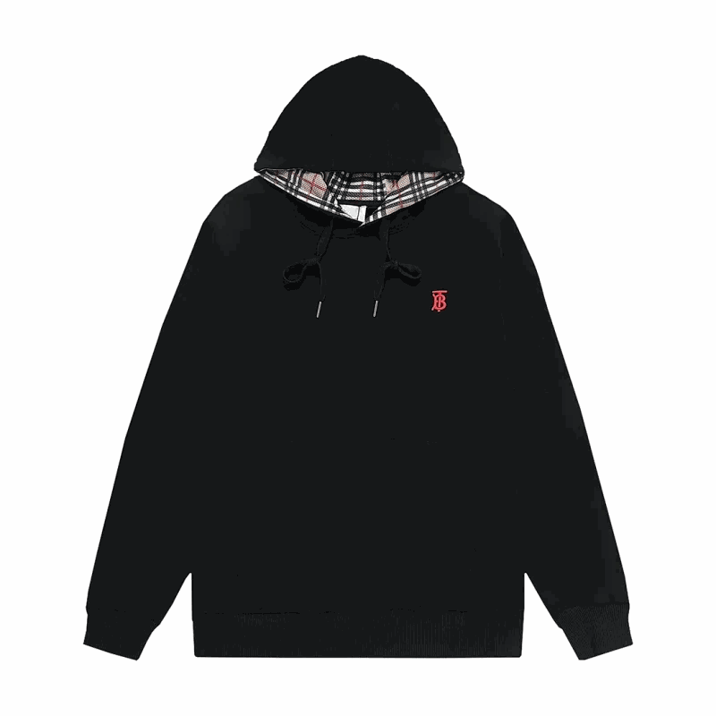 Burberry Black Hoodie with Check Lining and Monogram Logo