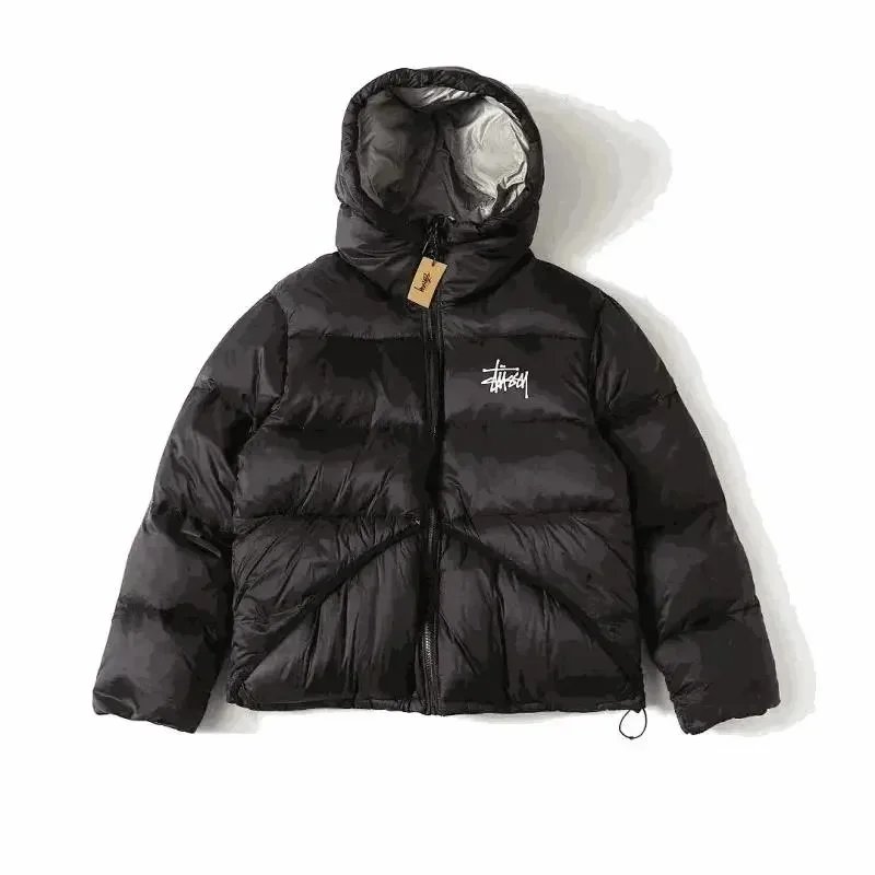 Stussy Black Puffer Jacket with Hood and Logo