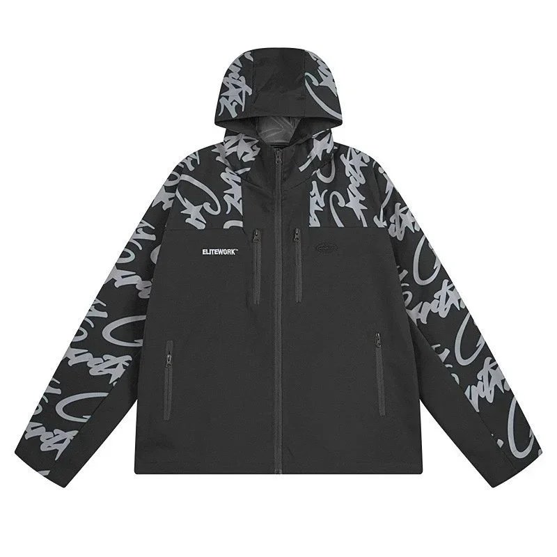 ELITEWORK Black Graffiti Print Hooded Jacket for Men and Women